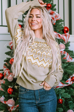 Grey Geometric Pattern Ribbed Crew Neck Sweater