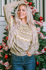 Grey Geometric Pattern Ribbed Crew Neck Sweater