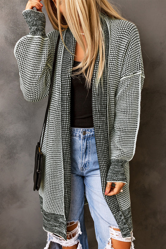 Grey Plaid Knitted Long Open Front Cardigan