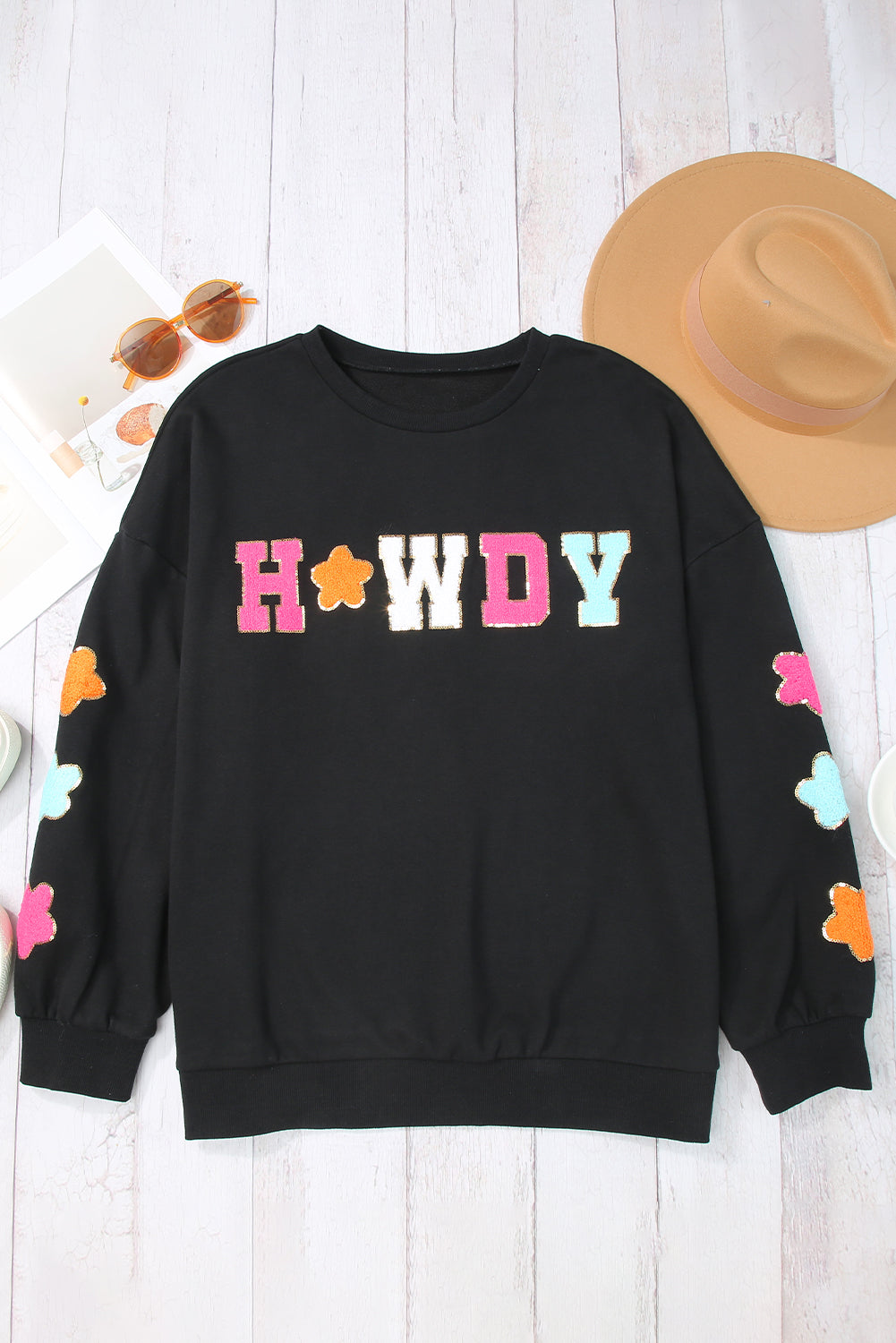 Black Howdy Glitter chenille patch graphic décontracté sweat