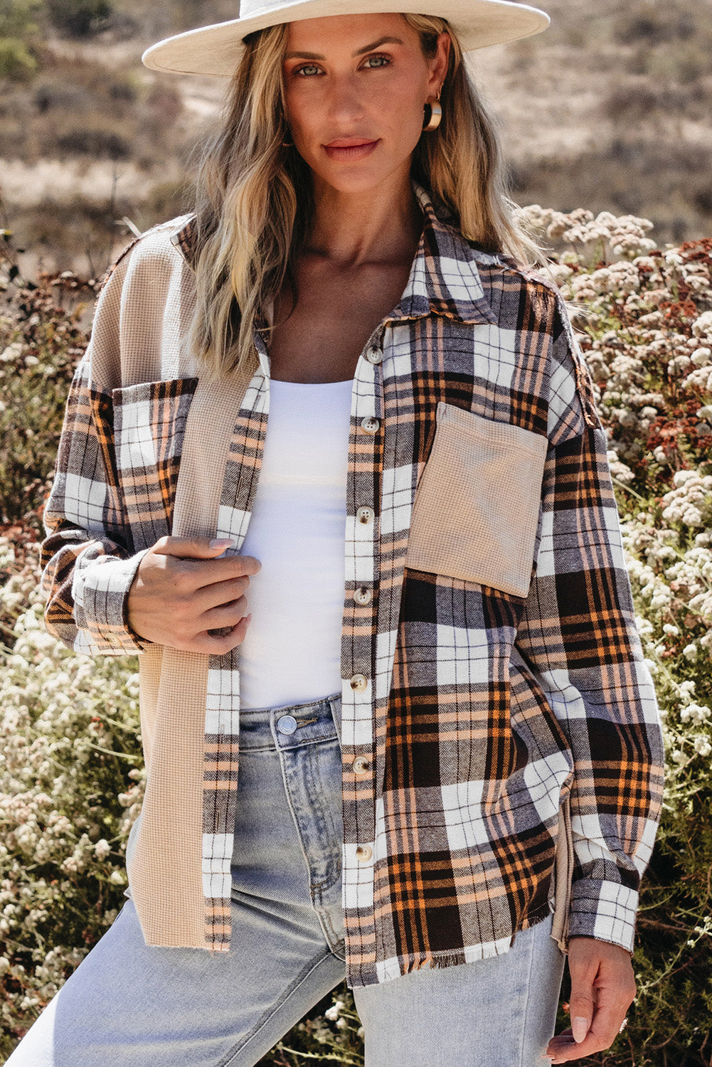 Khaki thermal knit plaid patchwork jacket