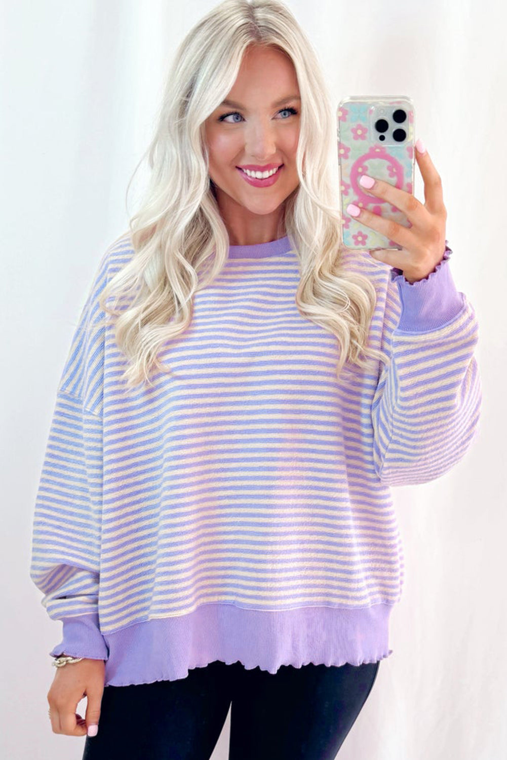 Purple Stripe Loose Drop Shoulder Long Sleeve Top