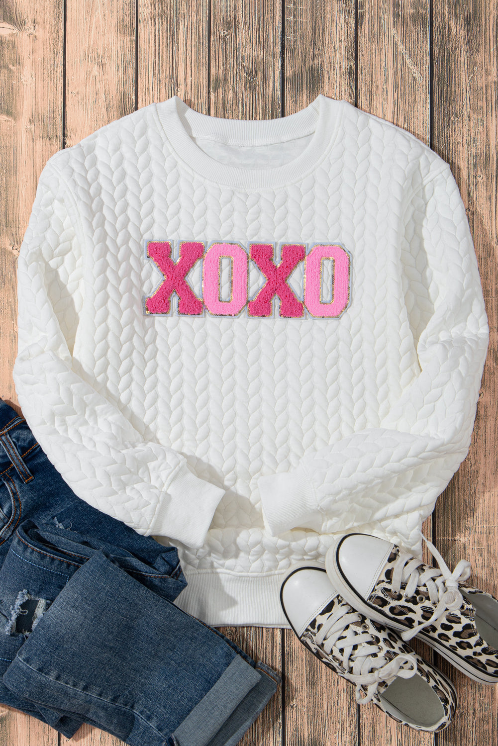 Sudadera de cable de cable de chenilla xoxo white xoxo