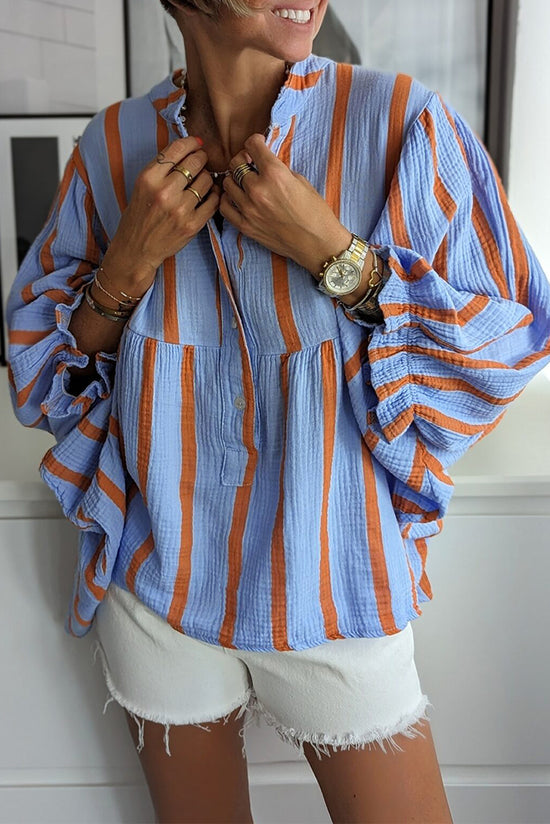 Bully -shaped sluggish sleeve buttoned shirt with sky blue stripes