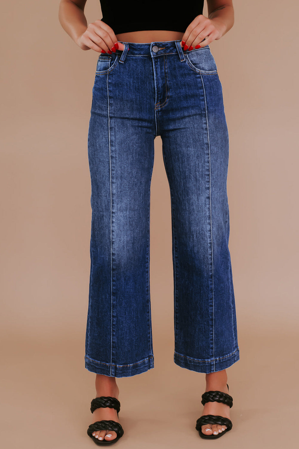 Navy Blue High Waisted Wide Leg Jeans with Large Seams