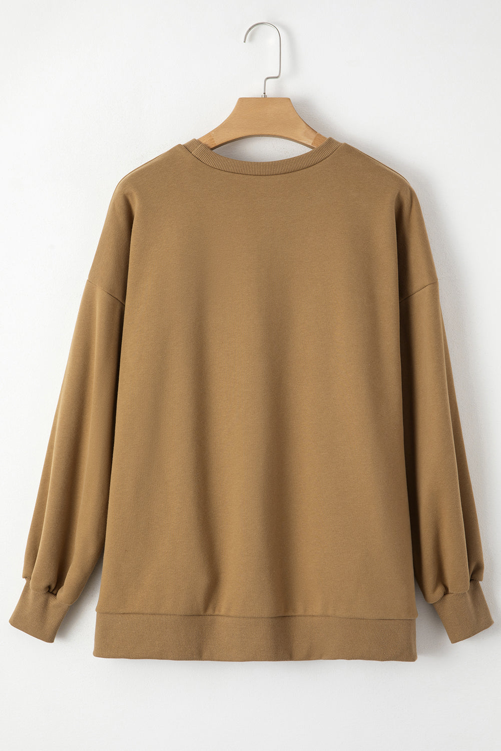 Solid camel fleece lined sweatshirt with dropped shoulders, top and bottom