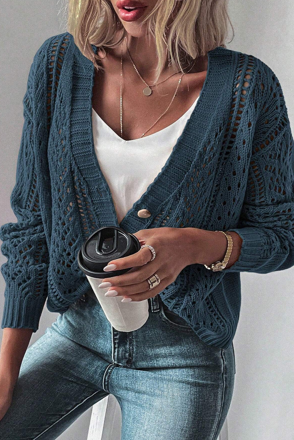 Cardigan pull à épaules tombantes en tricot ouvert bleu sarcelle véritable