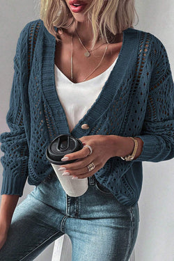 Cardigan pull à épaules tombantes en tricot ouvert bleu sarcelle véritable *