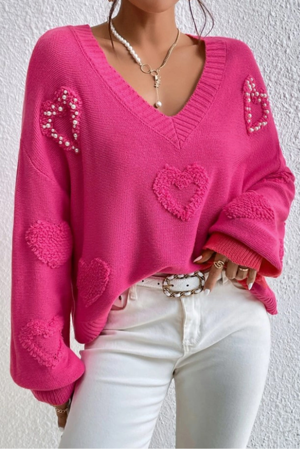 Rose Red Pearl abbellito Fuzzy Hearts v Neck Miciter