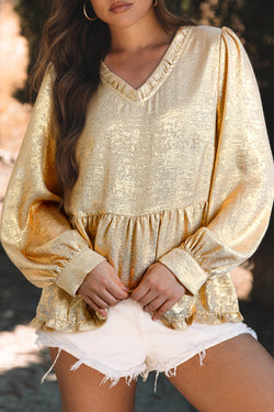 Golden babydoll blouse with ruffles and puffing sleeve collar *