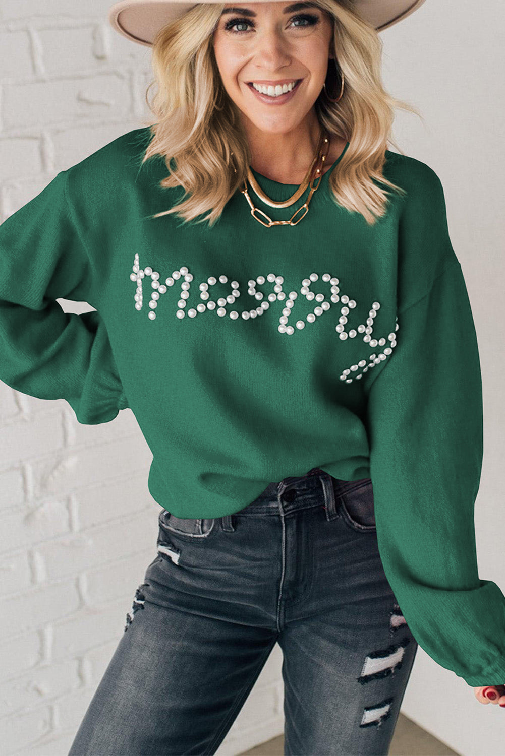 Blackish Green Beaded Cheerful Casual Sweater