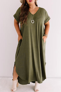 Green Green Dress with V -neck and large rolled cuffs