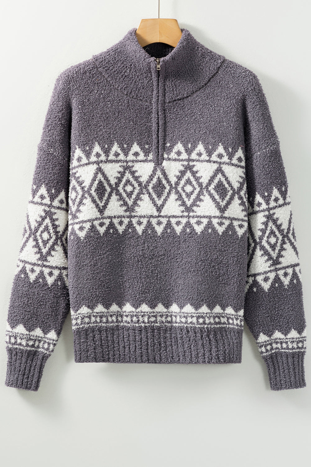 Gray Western Geometric Printed Quarter Zip Pullover Sweater