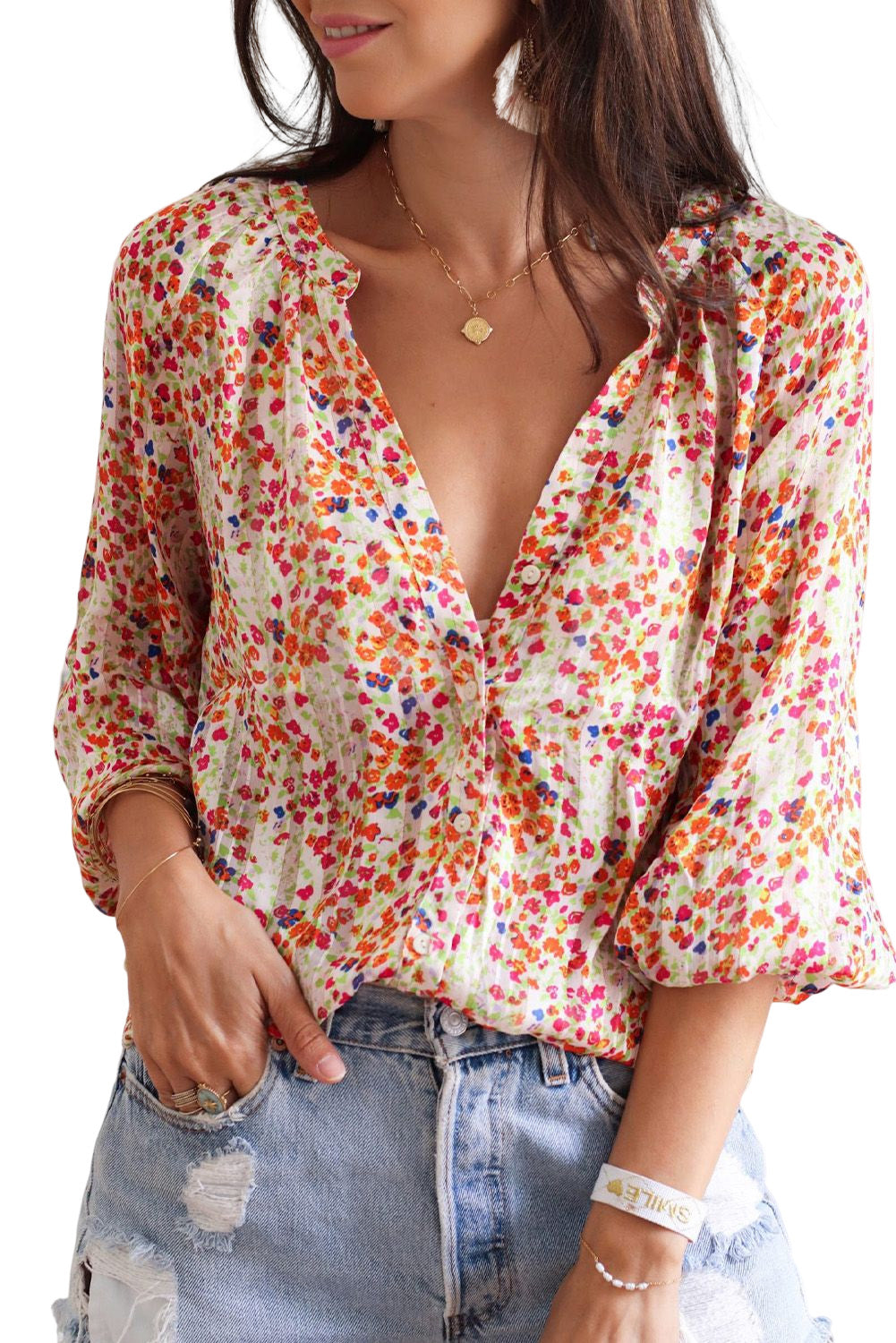 Multicolore Boho Floral Print Button Front Shirt