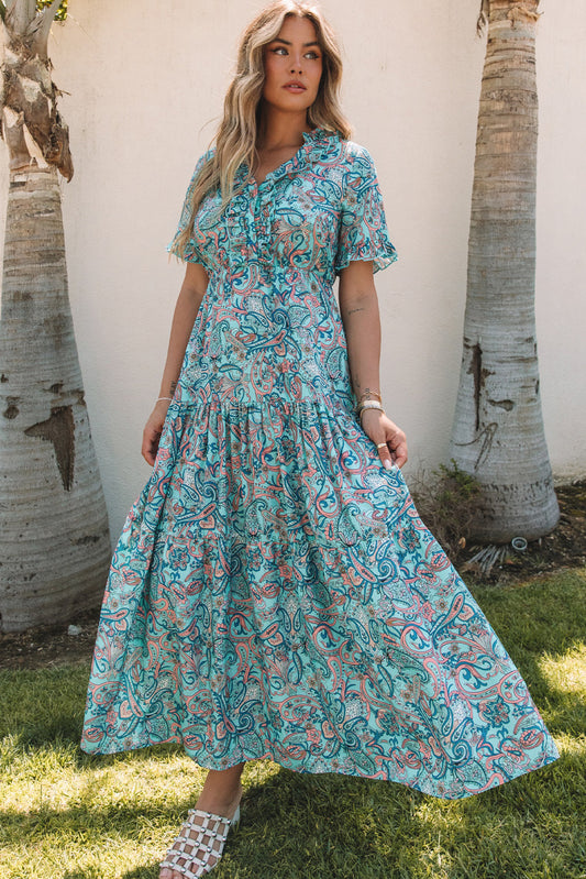 Sky Blue Paisley Print Boho Holiday Ruffle MAXI Robe