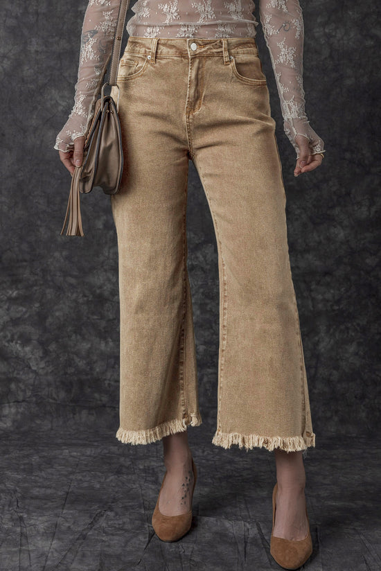 High Waisted Wide Leg Acid Wash Cropped Jeans in Light French Beige