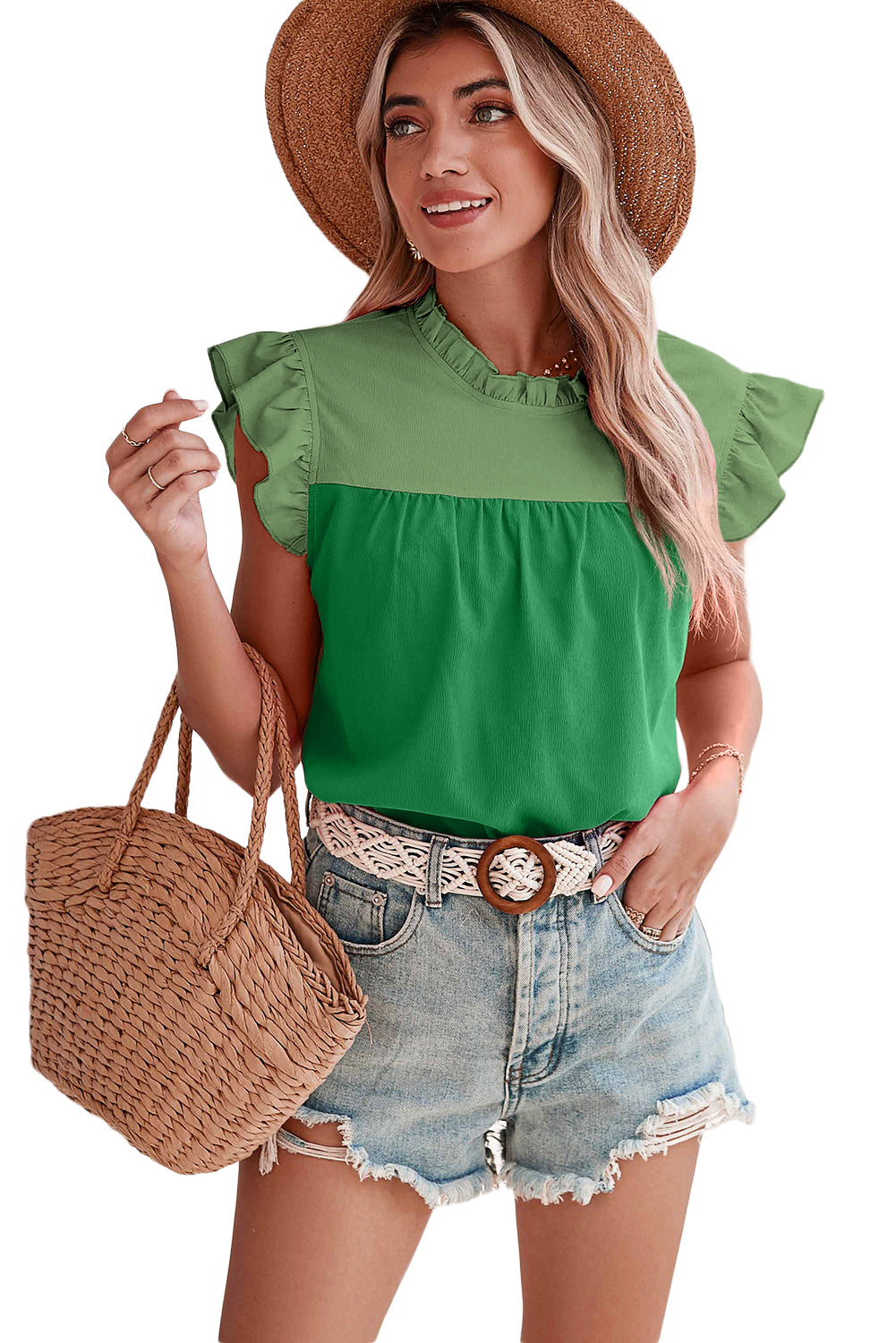 Blusa de manga de aleteo de dos tonos verdes brillantes