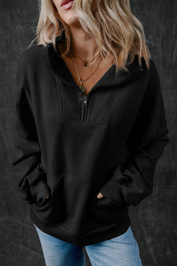 Black zip-up sweatshirt with stand-up collar and kangaroo pocket