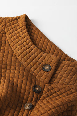 Matelated brown swallowed with buttoned neckline and upright collar