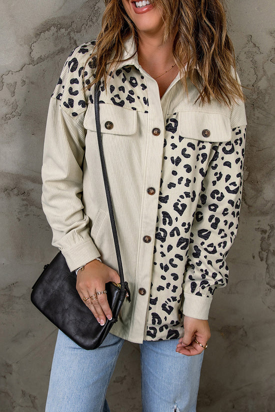 Apricot leopard print corduroy jacket with pockets