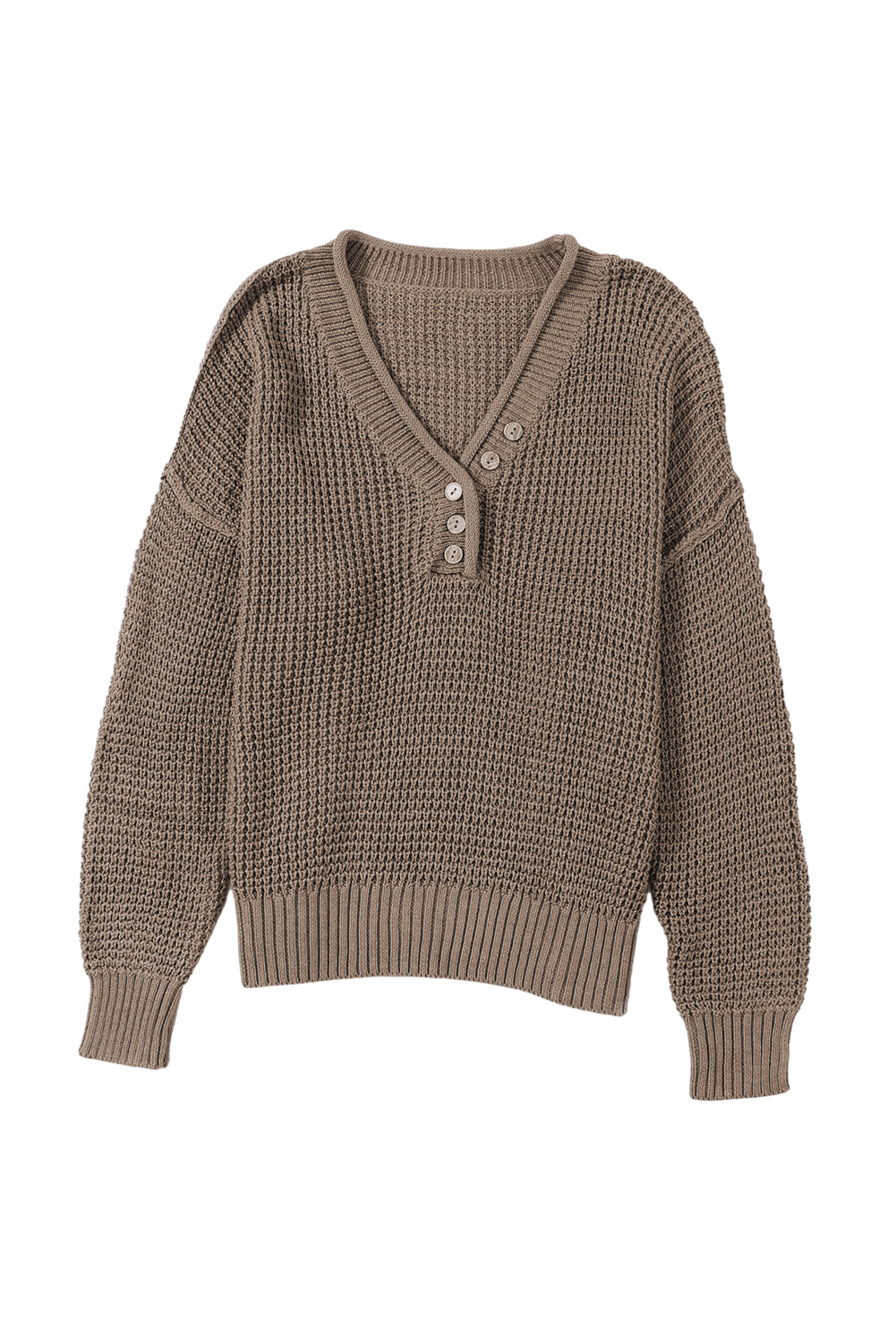 Khaki Pointelle Knit Button V Neck Drop Shoulder Sweater