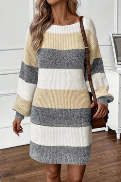 Color block striped sweater dress, bubble sleeves, drooping shoulders