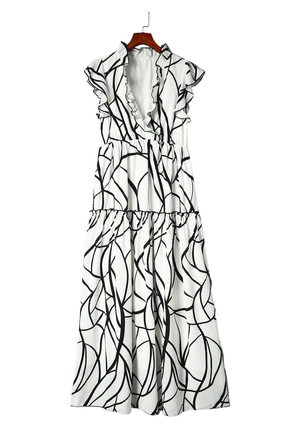 Blanc Abstract Vein Print V Neck Ruffle Maxi Robe