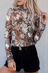 Long sleeve and collar brown collar mesh blouse