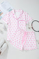 Pink pajama set printed bow tie with short sleeves and ruffle shorts for Valentine's Day