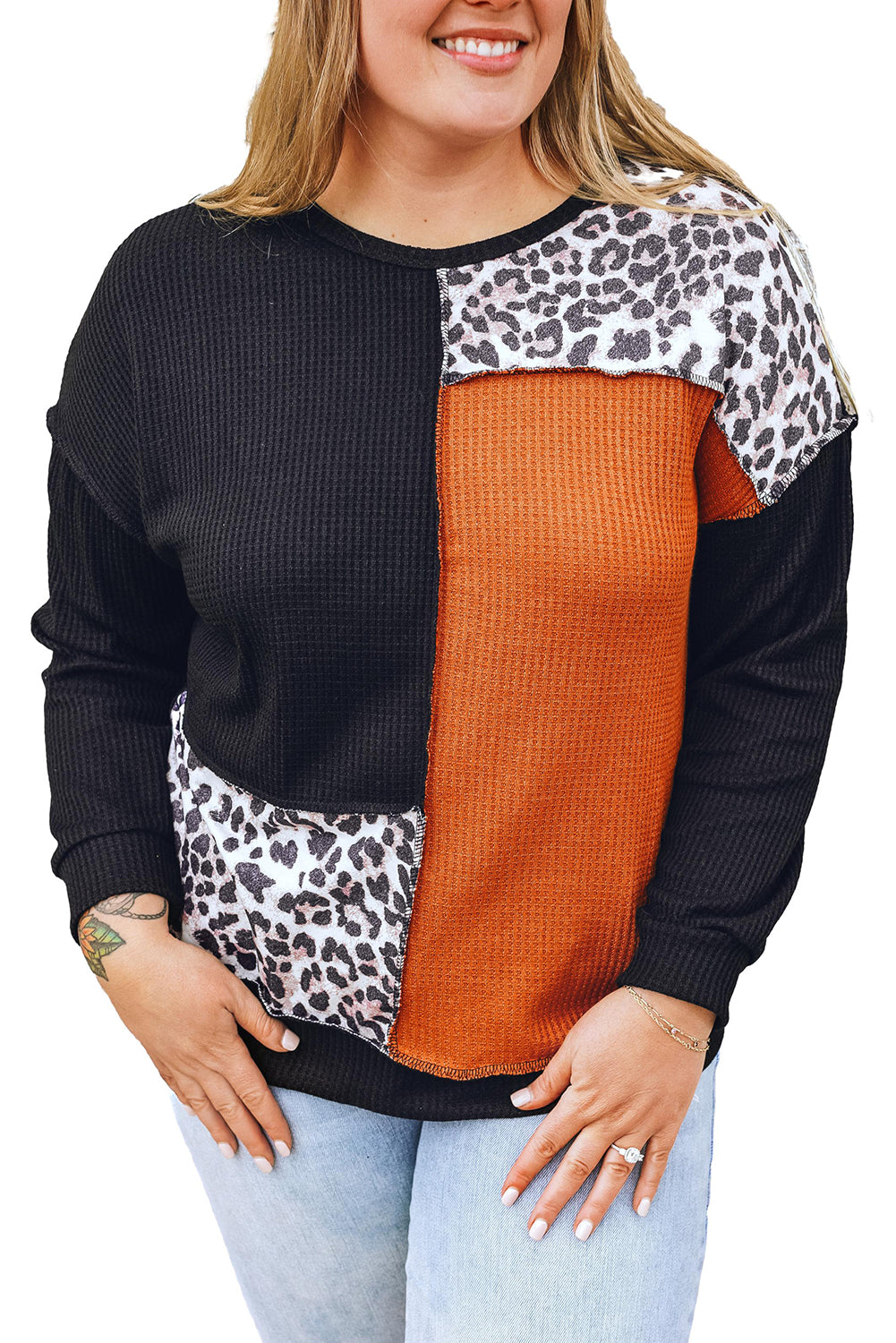 Black Orange Orange Coloterblock Leopard Patchwork Waffle Knit Plus Size Top