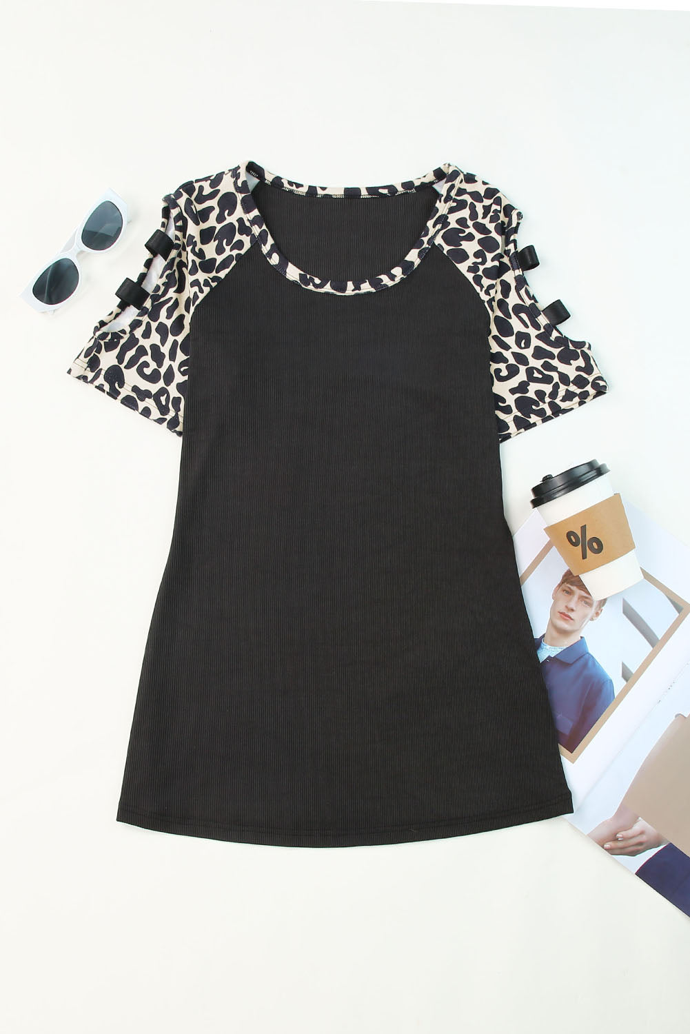 Black Leopard Color Block Cut Out Short Sleeve Top