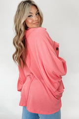 Pink Henley Top with Flap Pocket and Drawstring