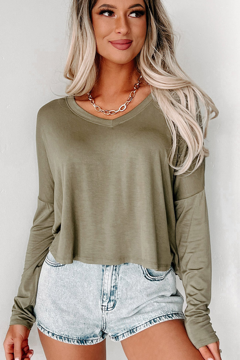 Green Loose V Neck Dropped Long Sleeve Top