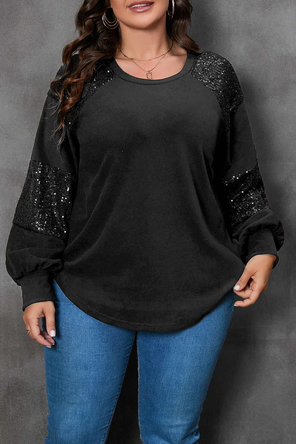 Black Plus size Patchwork Crew Neck Long Sleeve Top