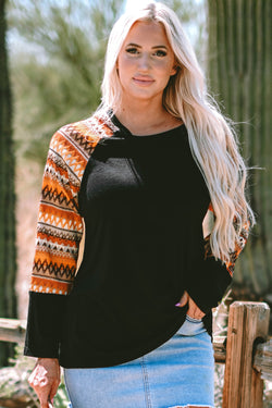 Orange geometric print raglan patchwork long sleeve t-shirt