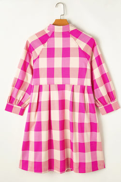 Flared mini shirt dress with bracelet sleeves and pink red plaid collar