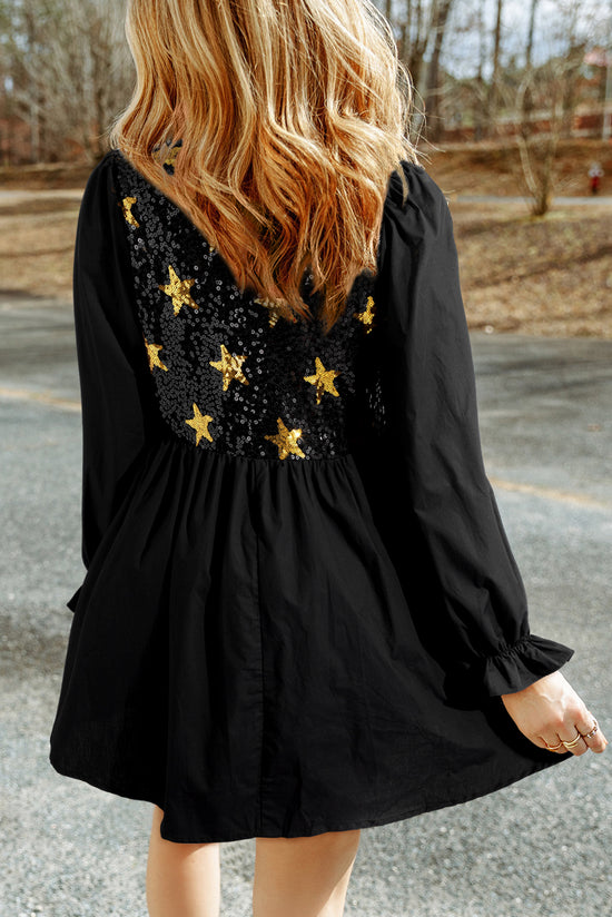 Black babydoll dress with ruffles and glitter stars with fluffy sleeves