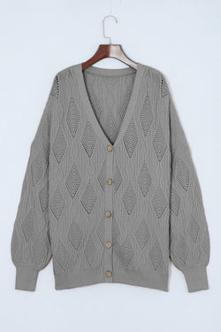 Cardigan boutonné ajouré en tricot gris de grande taille