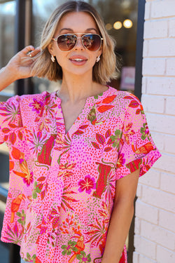 CROWT V -neck blouse with pink jungle floral print