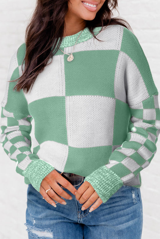 Mint green sweater with dropped shoulders and plaid print