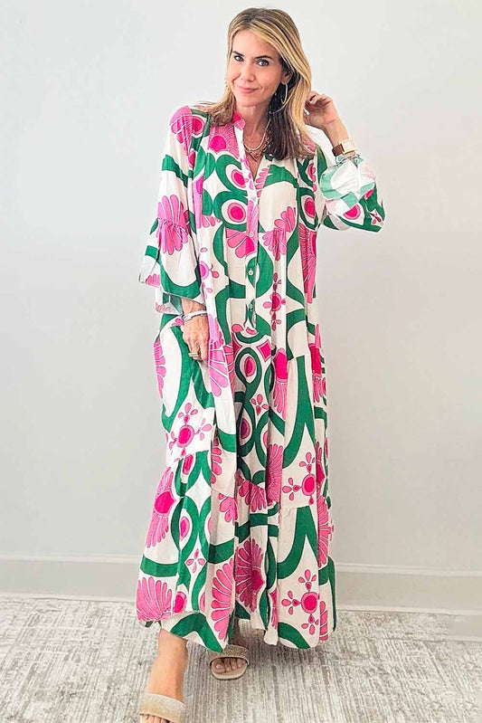 Pink Boho Blumendruck gedruckter Langarm geknöpft lose Maxikleid