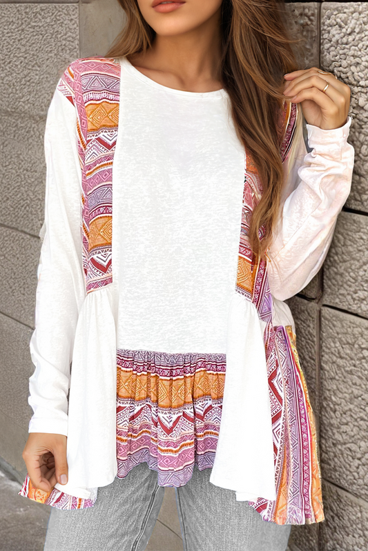 White Western Aztec Patchwork Patchwork con túnica con volantes Long Babydoll Top