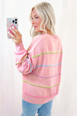 Pink Rainbow Striped Drop Shoulder Baggy Henley Sweater