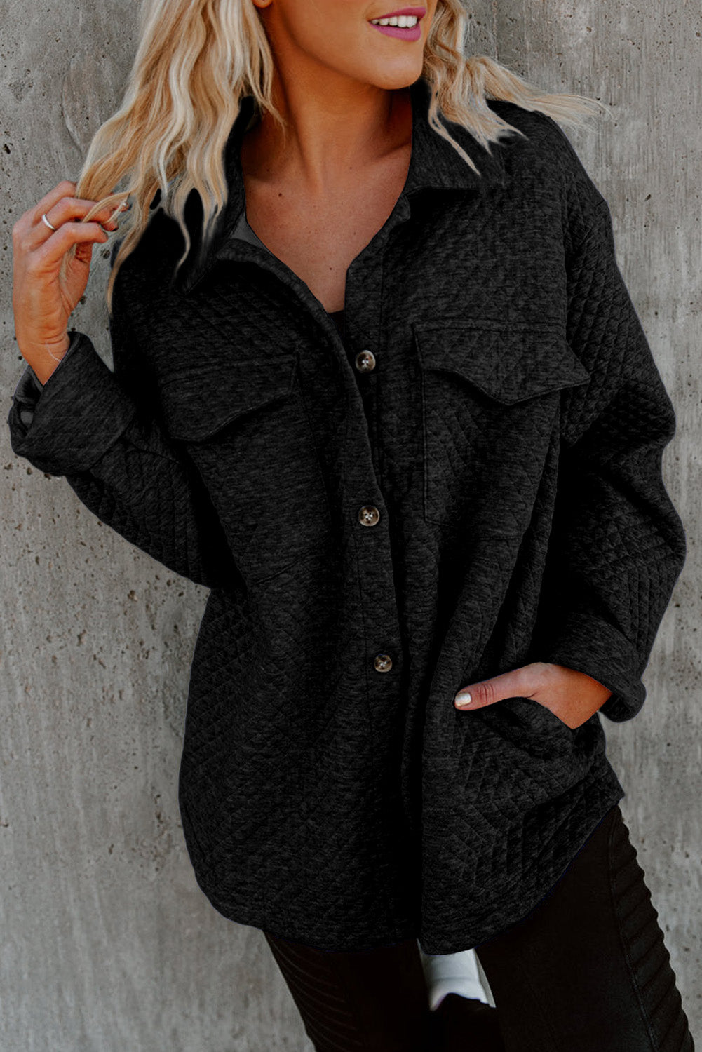 Retro padded black buttoned jacket with flap pocket