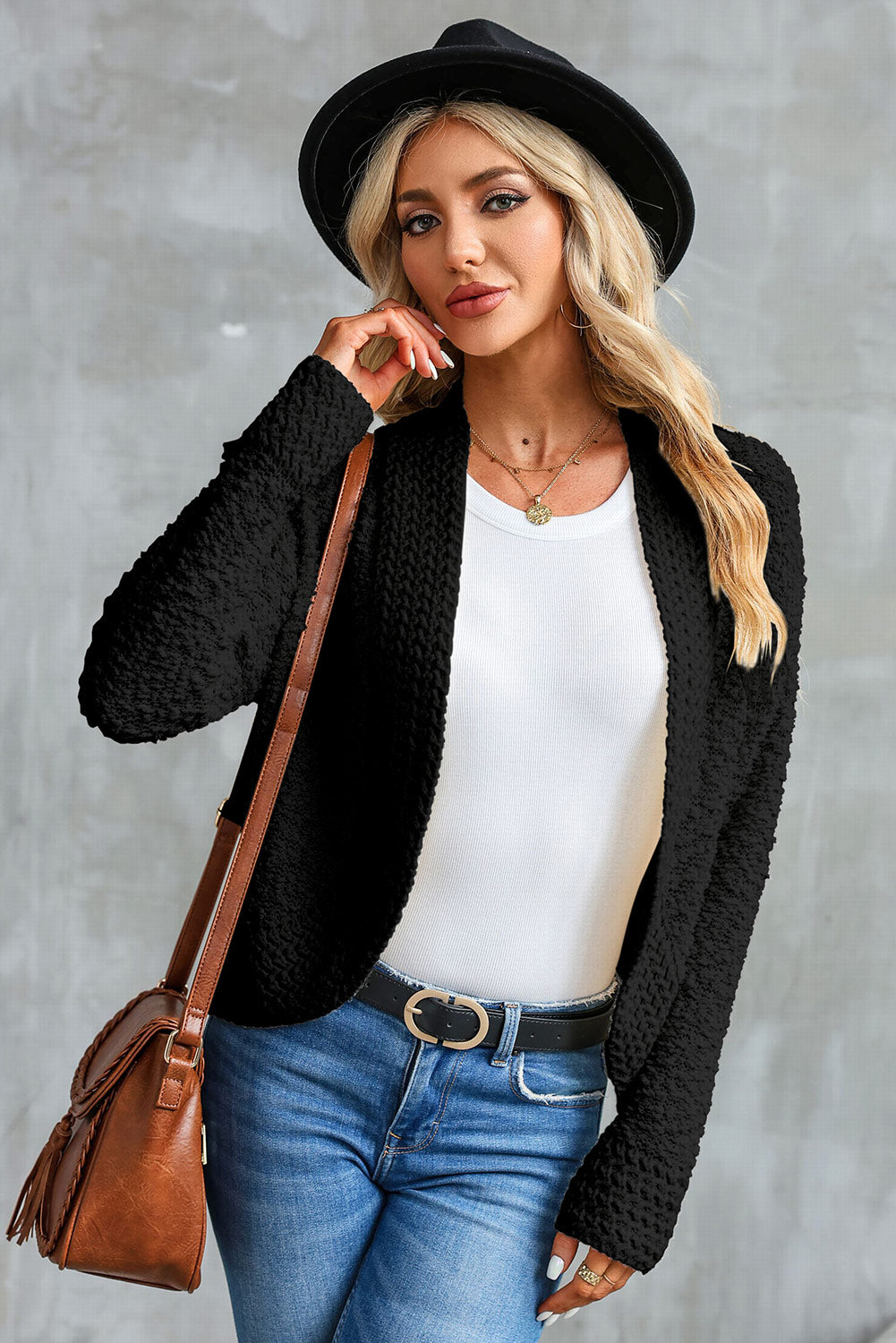 Cardigan noir ouvert sur le devant en tricot Popcorn