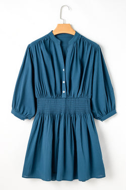 Mini-robe boutonnée taille haute froncée à manches 3/4 bleu de Prusse