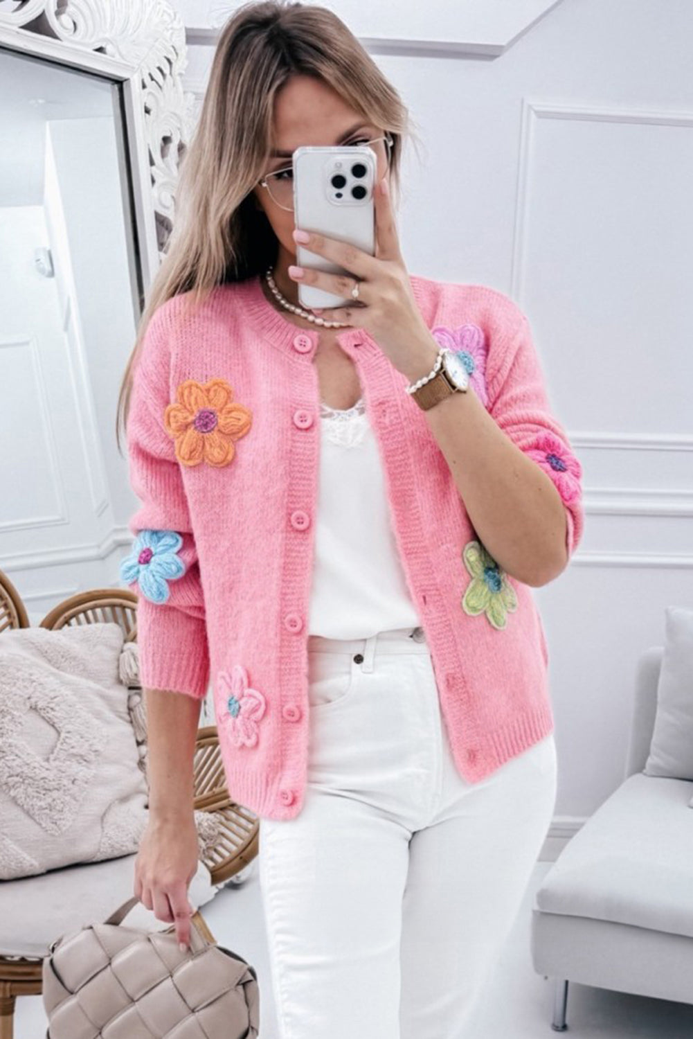 Cardigan boutonné rose à motif floral tricoté mignon