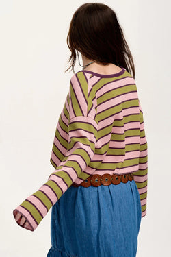 Long sleeve top with notched collar in spinach green contrast stripes and waffle texture