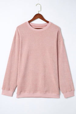 Solid Pink Ribbed Knit Crew Neck Sweatshirt