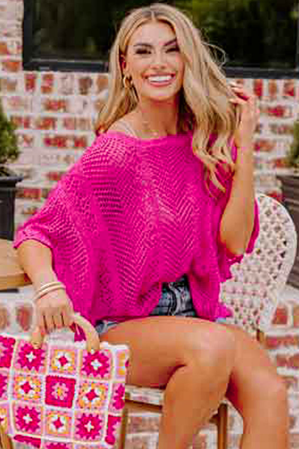 Short -sleeved pink roller -knitting top with scalloped edges